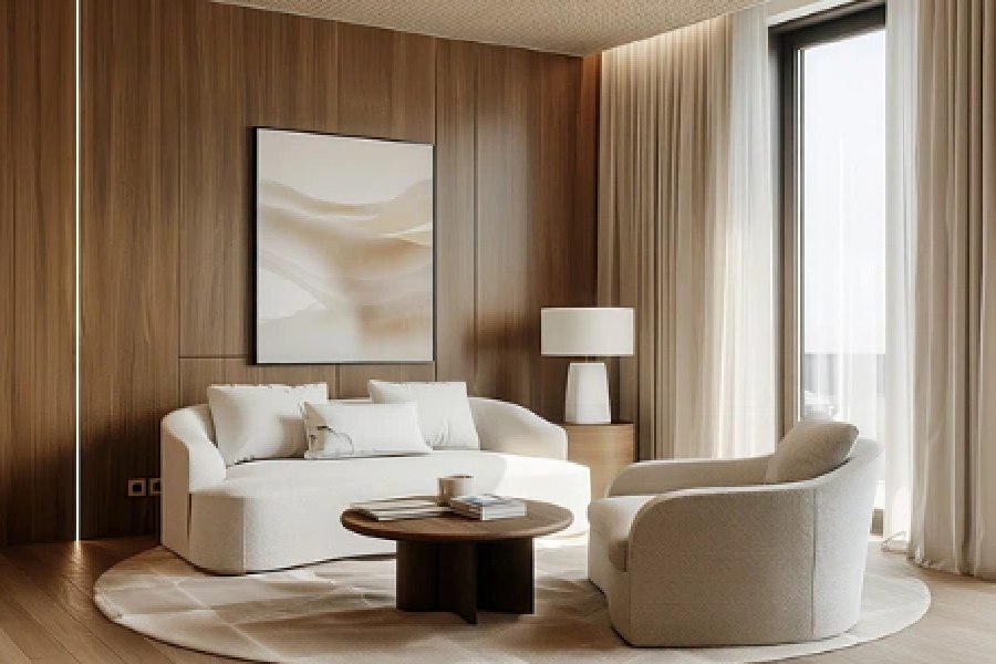 Thảm tròn phòng khách và hiệu ứng cân bằng thị giác