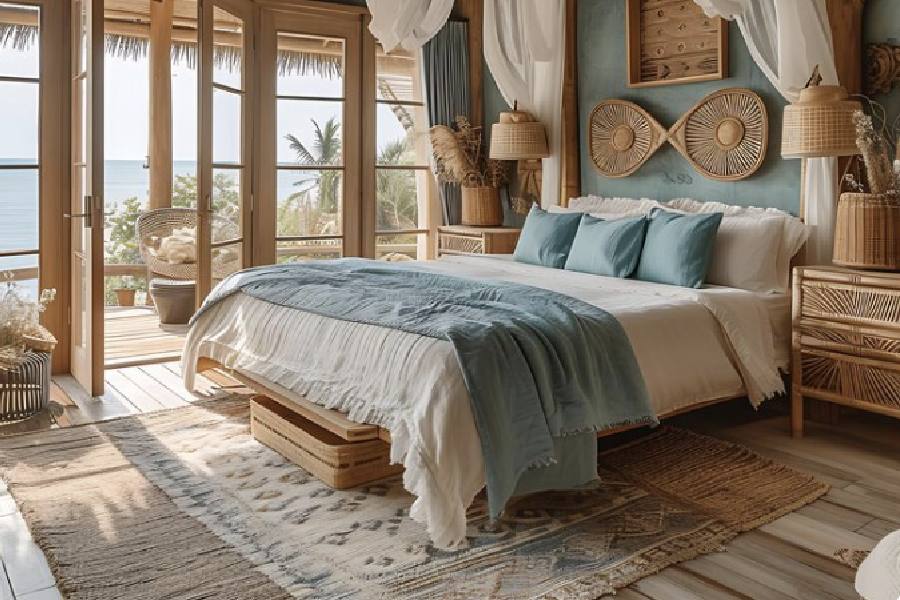 Thảm phòng ngủ phong cách Địa Trung Hải chất liệu len màu xanh be