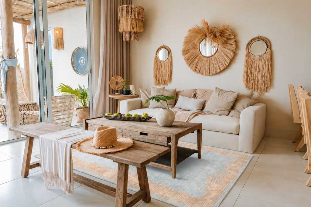 Thảm trải sàn phong cách Scandinavian Maree với sàn gỗ sáng màu, giường thấp