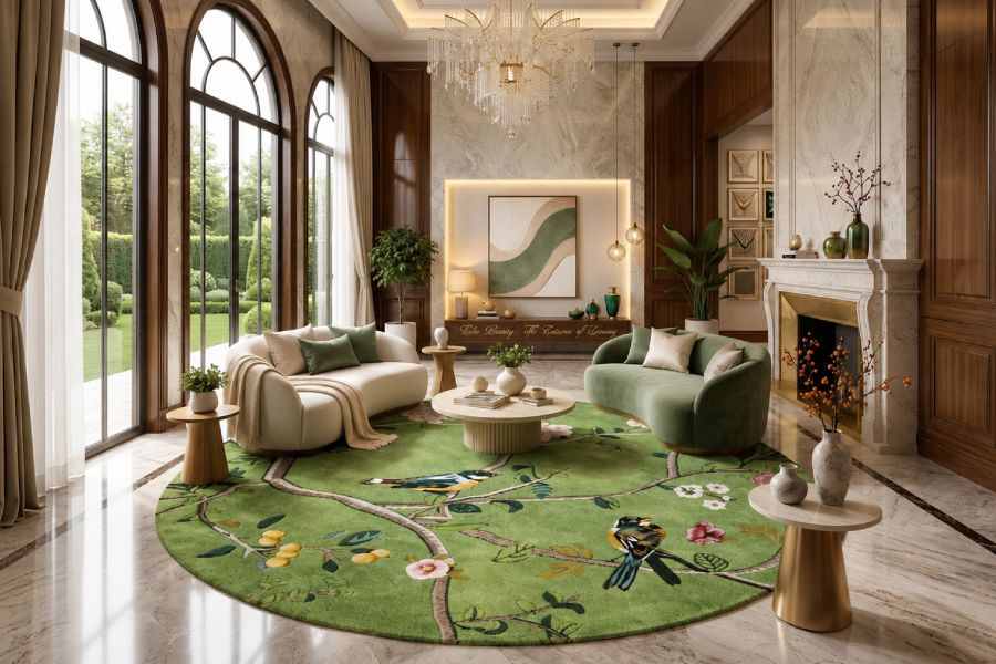 thảm dệt thủ công cho biệt thự luxury Điều Truyện – Khúc ca của hoa điểu