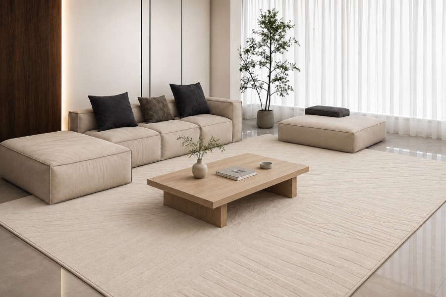 Thảm màu be phòng khách mang đến vẻ đẹp Minimalism thanh bình, nhẹ nhàng và đầy tinh tế