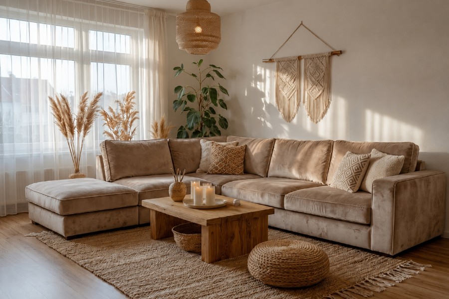 Layering đa chất liệu trên nền thảm màu be phòng khách giúp không gian thêm chiều sâu