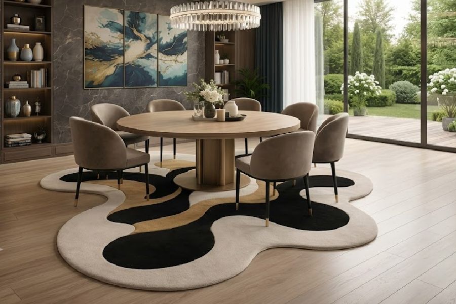 Mẫu thảm trải sàn phòng ăn đẹp độc lạ bất đối xứng. Mẫu thảm trải sàn phòng ăn đẹp độc lạ bất đối xứng