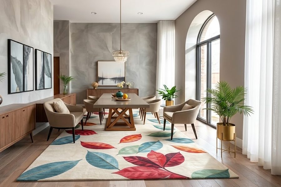 Mẫu thảm trải sàn phòng ăn đẹp độc lạ motif thiên nhiên Mẫu thảm trải sàn phòng ăn đẹp độc lạ thiên nhiên, hoa lá